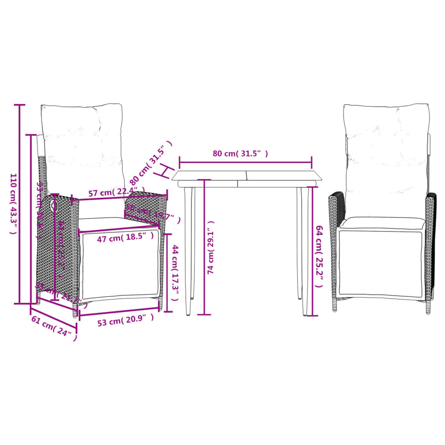 3 Piece Garden Dining Set with Cushions Black Poly Rattan