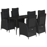 5 Piece Garden Dining Set with Cushions Black Poly Rattan - Front View