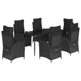 7 Piece Garden Dining Set with Cushions Black Poly Rattan - Front View