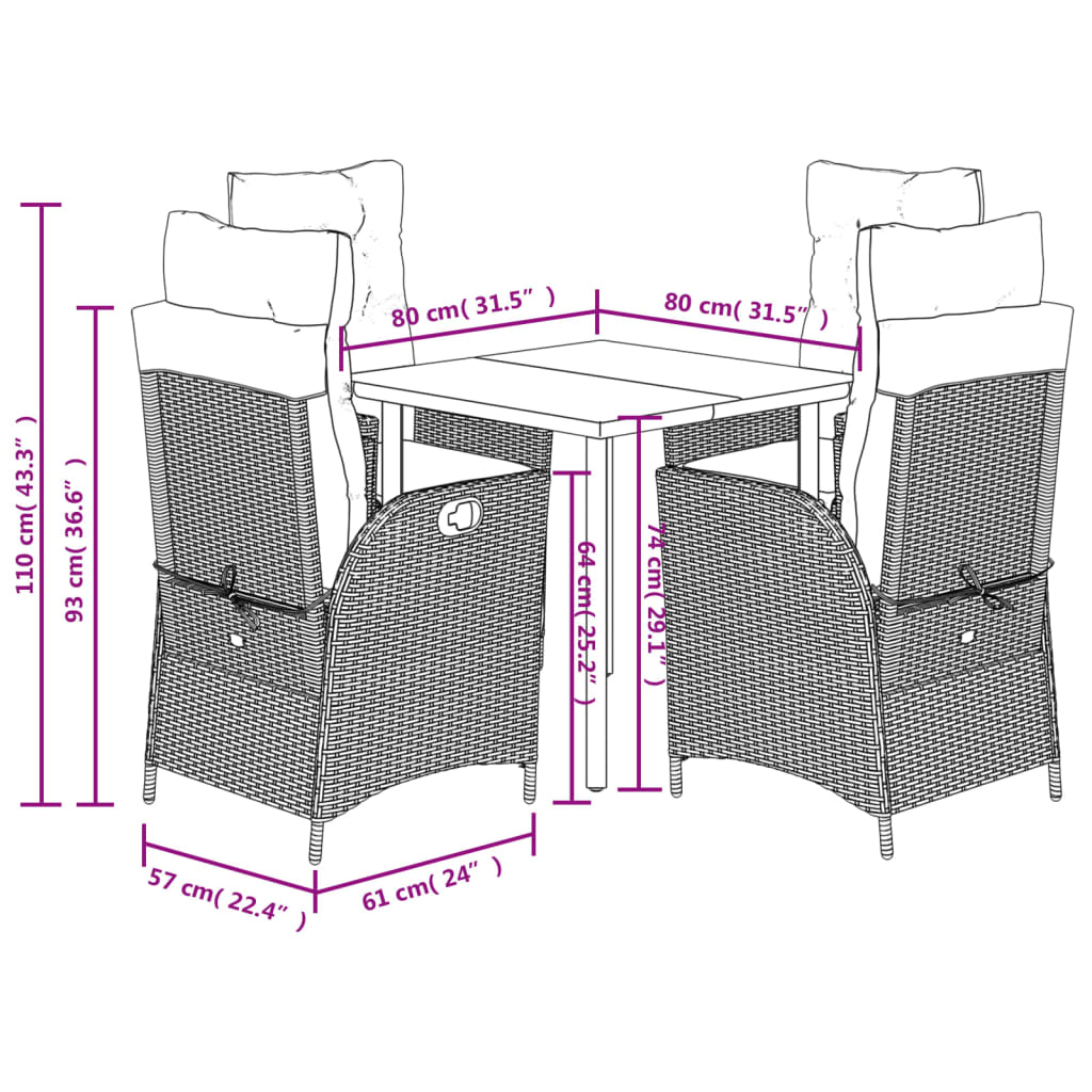 5 Piece Garden Dining Set with Cushions Black Poly Rattan