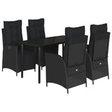 5 Piece Garden Dining Set with Cushions Black Poly Rattan - Front View