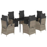 7 Piece Garden Dining Set with Cushions Grey Poly Rattan - Front View