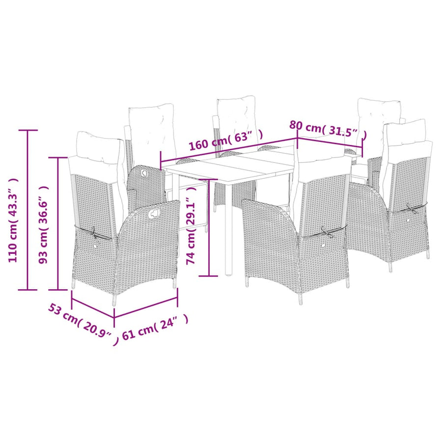 7 Piece Garden Dining Set with Cushions Grey Poly Rattan