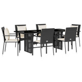 7 Piece Garden Dining Set with Cushions Black Poly Rattan - Front View