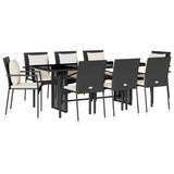 9 Piece Garden Dining Set with Cushions Black Poly Rattan - Front View