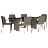 7 Piece Garden Dining Set with Cushions Grey Poly Rattan - Front View