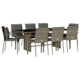 9 Piece Garden Dining Set with Cushions Grey Poly Rattan - Front View