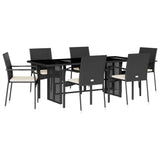 7 Piece Garden Dining Set with Cushions Black Poly Rattan - Front View