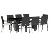 9 Piece Garden Dining Set with Cushions Black Poly Rattan - Front View