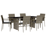 7 Piece Garden Dining Set with Cushions Grey Poly Rattan - Front View