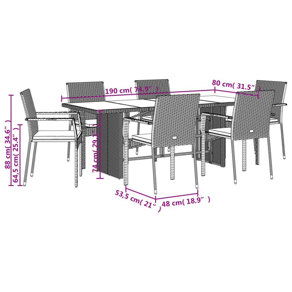 7 Piece Garden Dining Set with Cushions Grey Poly Rattan