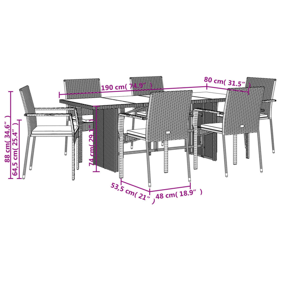 7 Piece Garden Dining Set with Cushions Grey Poly Rattan
