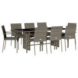 9 Piece Garden Dining Set with Cushions Grey Poly Rattan - Front View