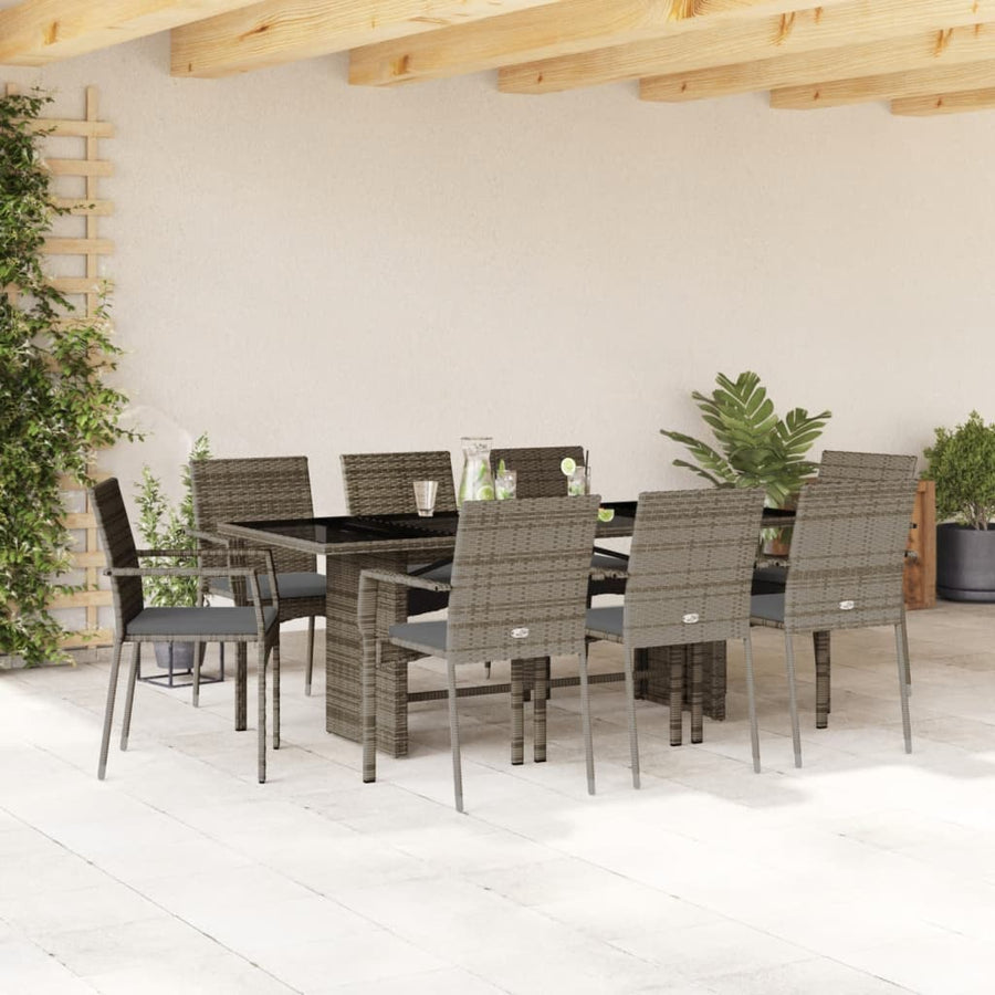 9 Piece Garden Dining Set with Cushions Grey Poly Rattan