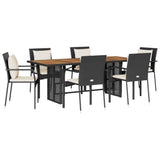 7 Piece Garden Dining Set with Cushions Black Poly Rattan - Front View