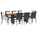 9 Piece Garden Dining Set with Cushions Black Poly Rattan - Front View
