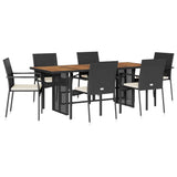 7 Piece Garden Dining Set with Cushions Black Poly Rattan - Front View