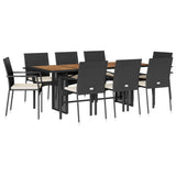 9 Piece Garden Dining Set with Cushions Black Poly Rattan