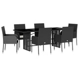 7 Piece Garden Dining Set with Cushions Black Poly Rattan - Front View