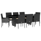 9 Piece Garden Dining Set with Cushions Black Poly Rattan - Front View