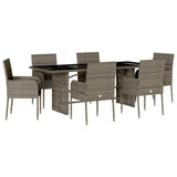 7 Piece Garden Dining Set with Cushions Grey Poly Rattan - Front View