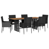 7 Piece Garden Dining Set with Cushions Black Poly Rattan - Front View