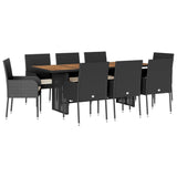 9 Piece Garden Dining Set with Cushions Black Poly Rattan - Front View