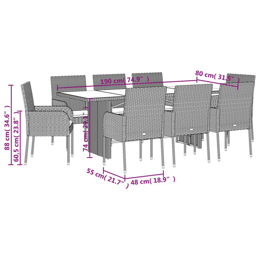 9 Piece Garden Dining Set with Cushions Black Poly Rattan