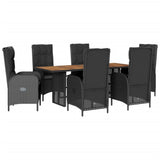 7 Piece Garden Dining Set with Cushions Black Poly Rattan - Front View