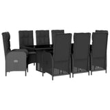 9 Piece Garden Dining Set with Cushions Black Poly Rattan - Front View