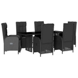 7 Piece Garden Dining Set with Cushions Black Poly Rattan - Front View