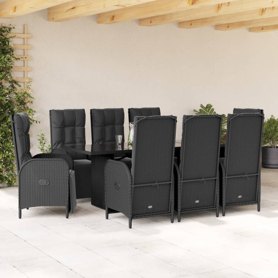 9 Piece Garden Dining Set with Cushions Black Poly Rattan