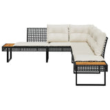 Garden Sofa with Cushions L-shaped Black Poly Rattan and Acacia - Side View
