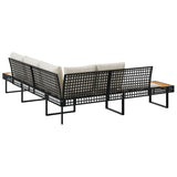 Garden Sofa with Cushions L-shaped Black Poly Rattan and Acacia - 45-Degree Angle