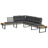 Garden Sofa with Cushions L-shaped Grey Poly Rattan and Acacia