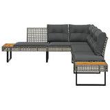 Garden Sofa with Cushions L-shaped Grey Poly Rattan and Acacia - Side View