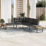 Garden Sofa with Cushions L-shaped Grey Poly Rattan and Acacia