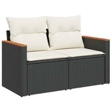 Garden Sofa with Cushions 2-Seater Black Poly Rattan - Front View