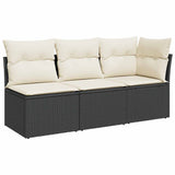 Garden Sofa with Cushions 3-Seater Black Poly Rattan - Front View