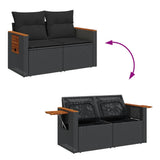 Garden Sofa with Cushions 2-Seater Black Poly Rattan - Low Angle