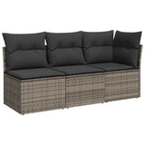 Garden Sofa with Cushions 3-Seater Grey Poly Rattan - Front View