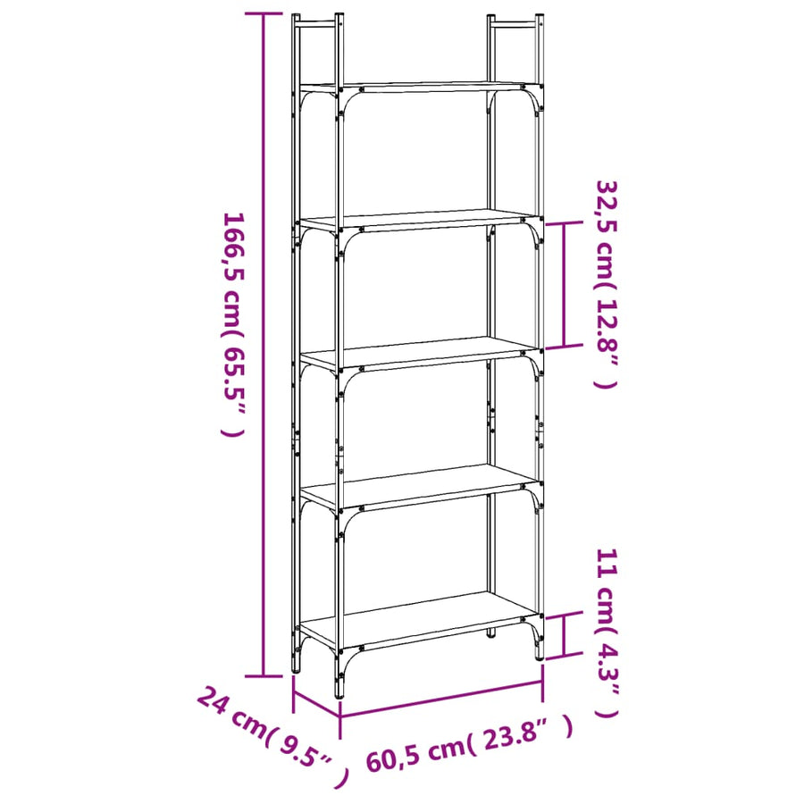 Bookshelf 5-Tier Black 60.5x24x166.5 cm Engineered Wood
