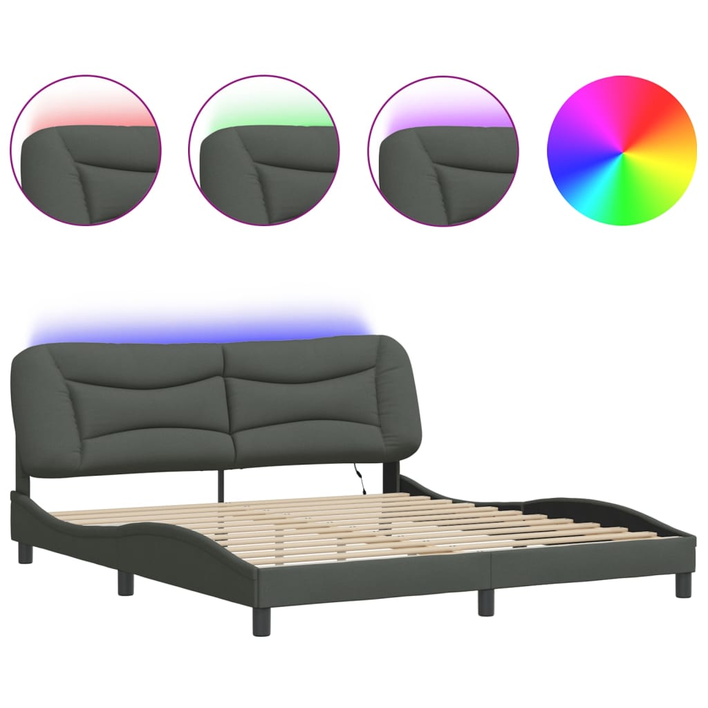 Bed Frame with LED without Mattress "Hvar" Dark Grey 180x200 cm King Fabric