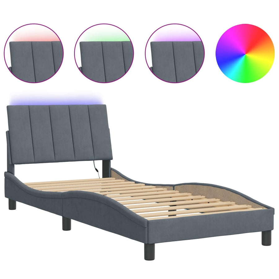 Bed Frame with LED without Mattress "Hanko" Dark Grey 90x190 cm Velvet