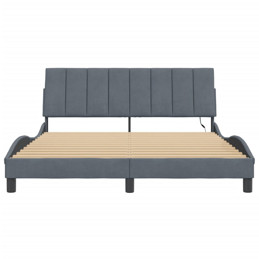 Bed Frame with LED without Mattress "Hanko" Dark Grey 152x203 cm Queen Velvet