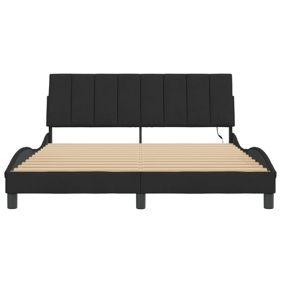 Bed Frame with LED without Mattress "Hanko" Black 152x203 cm Queen Velvet
