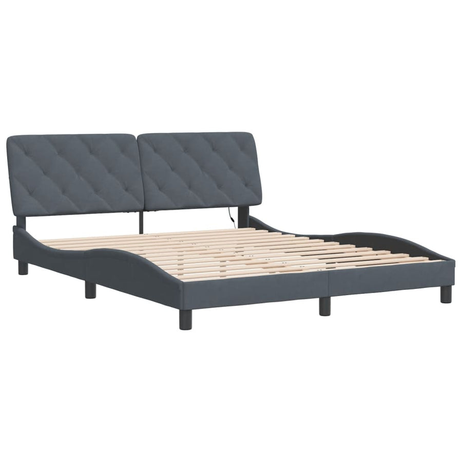 Bed Frame with LED without Mattress Dark Grey 152x203 cm Queen Velvet