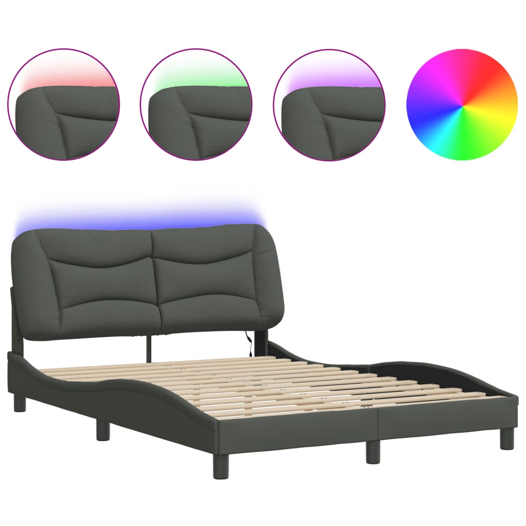 Bed Frame with LED without Mattress "Hvar" Dark Grey 137x190 cm Double Fabric