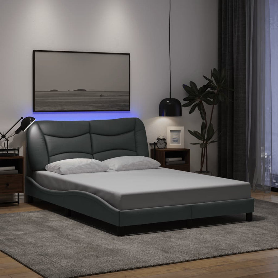 Bed Frame with LED without Mattress "Hvar" Dark Grey 137x190 cm Double Fabric