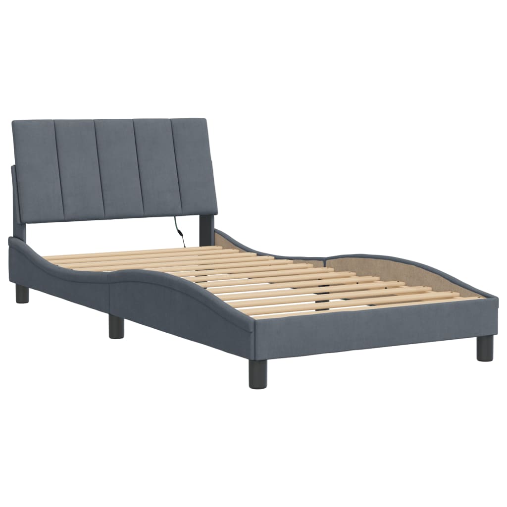 Bed Frame with LED without Mattress "Hanko" Dark Grey 107x203 cm King Single Velvet